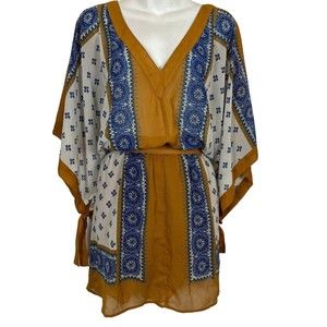 Free People Women's V-Neck Santa Cruz Mini Blouson Orange & Blue Boho Dress sz L